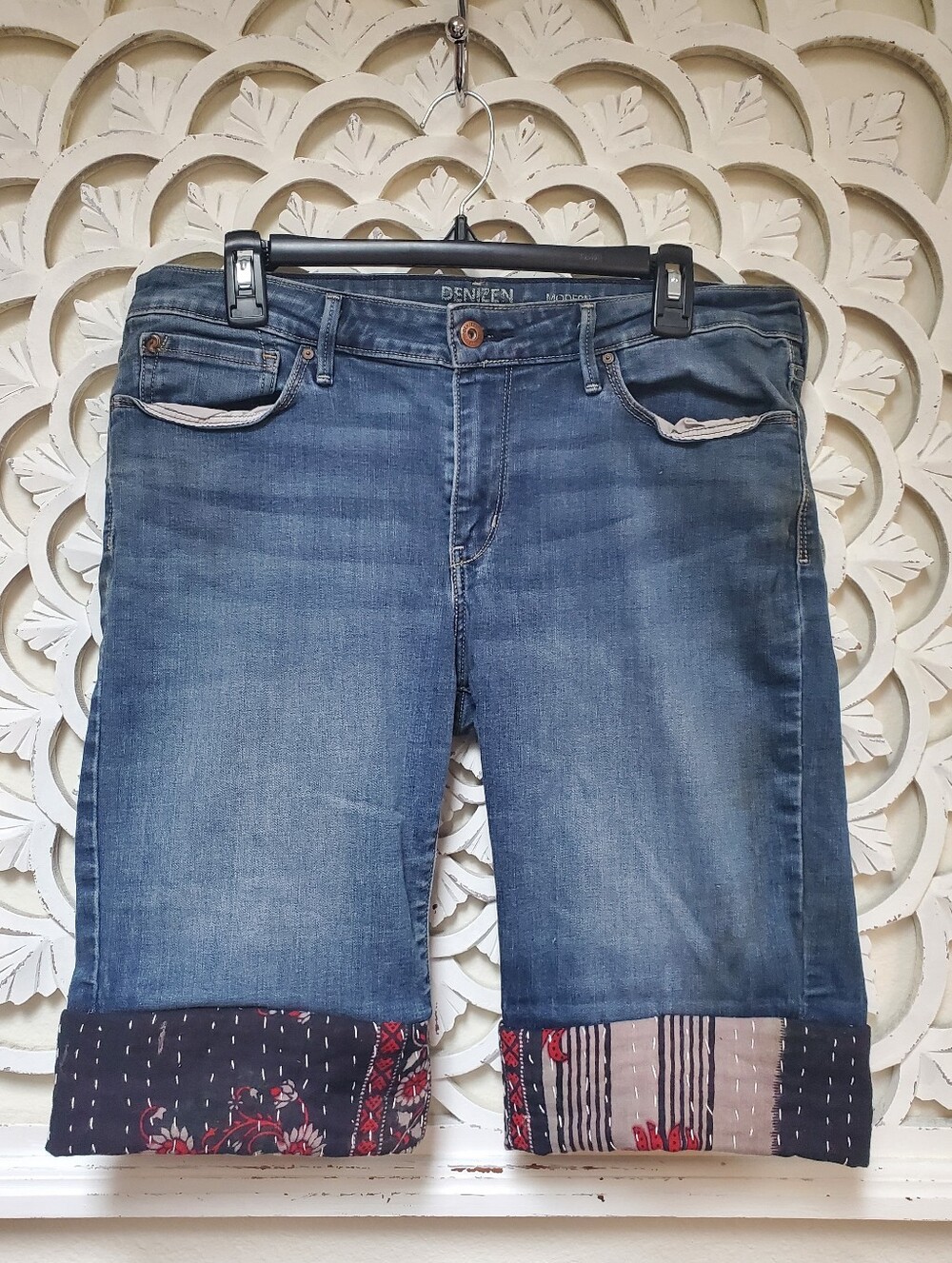 Personal Custom Coffee Dyed Jorts Denim Shorts  With Kantha Band Hem Size 14/16